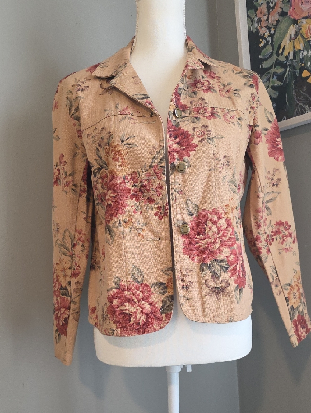 Talbots Beige Floral Jean Jacket Size Small 100% Cotton